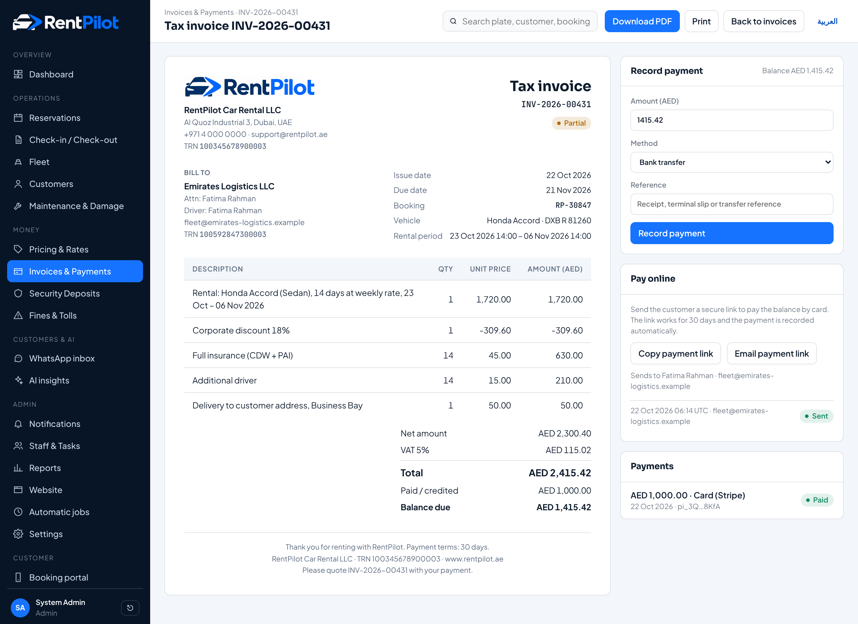 Invoice & tolls